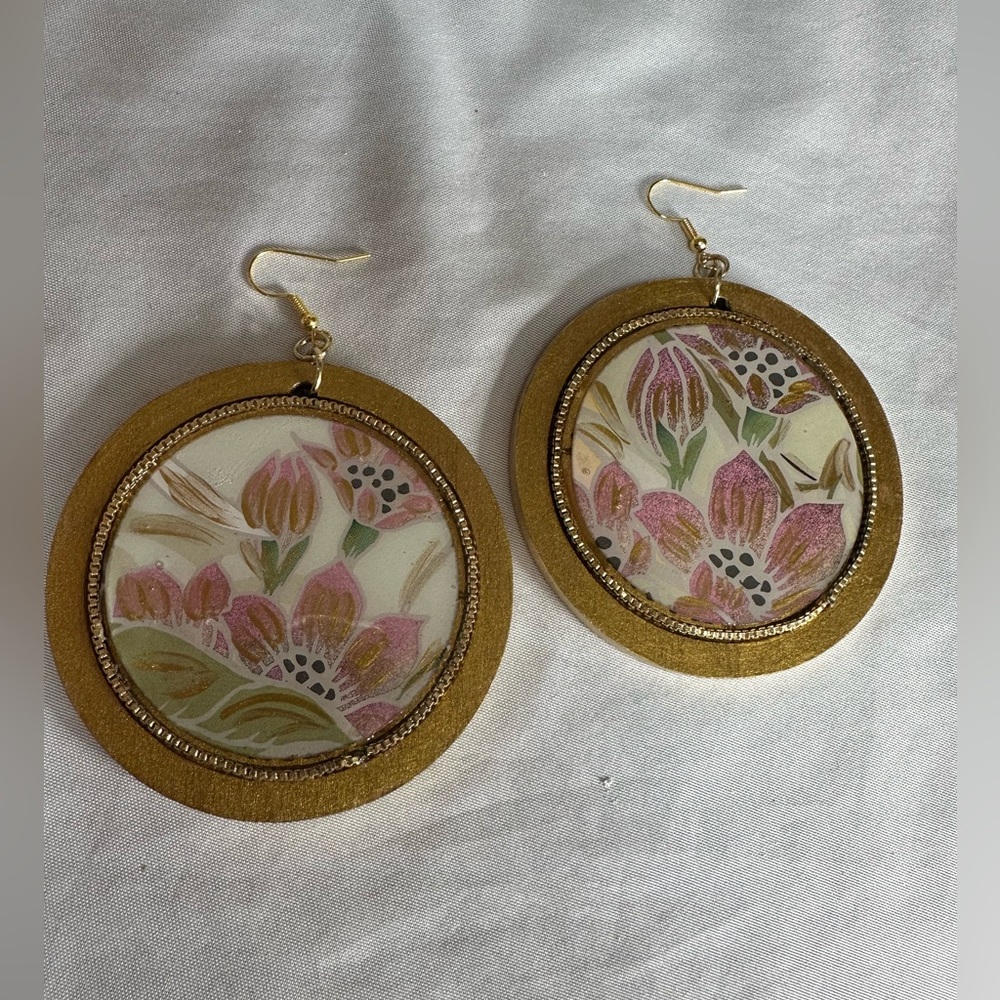 Wooden painted floral pink and green earrings